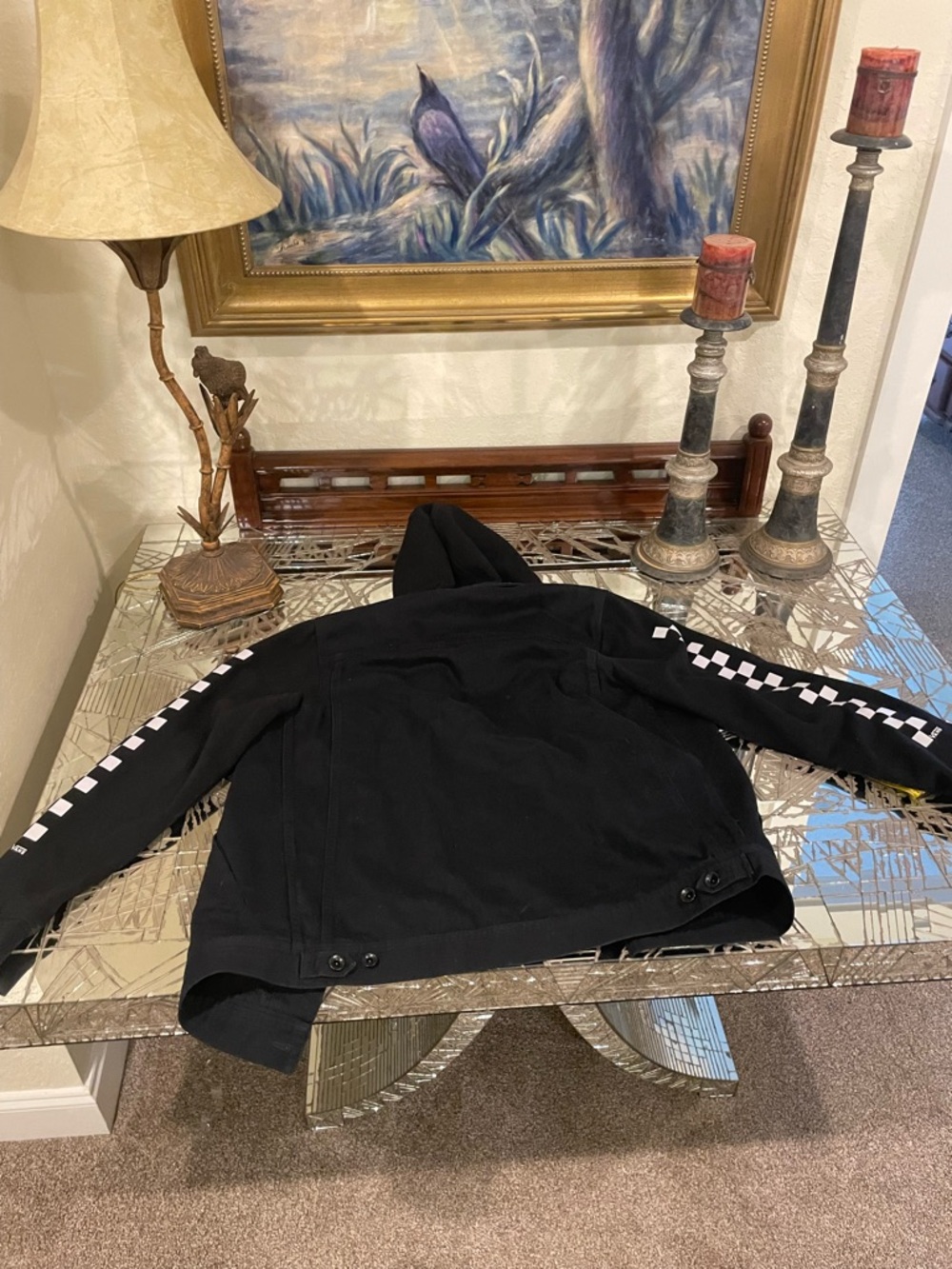 Vans Black Hooded Denim Bomber Jacket with Checker Sleeve - Picture 2 of 5